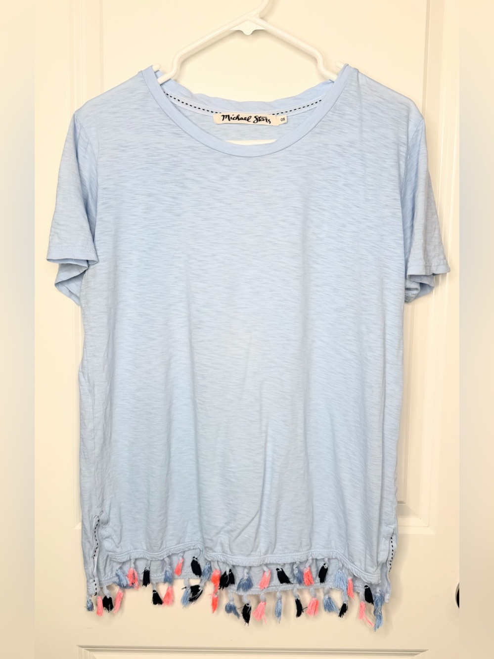 Michael Stars One Size Blue Slub Knit Tassel Hem Relaxed Tee Boho Top